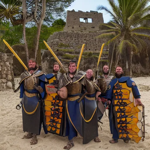 Image similar to A group of armoured Spanish conquistadors holding lanterns on a sandy beach Cove in middle of a magical forest in a dark night. Inca ruins in the background. Pale crescent moon in the sky. Award winning photography