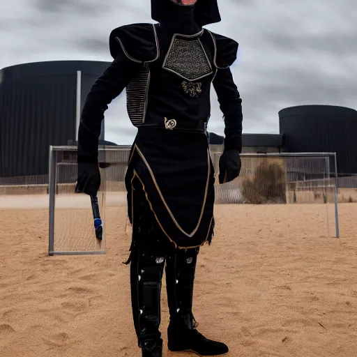 Image similar to medium face shot of adult Austin Butler dressed in futuristic-tudoresque black-prussian blue garb with embroidered Rams head emblem, and nanocarbon-vest, in an arena in Dune 2021, XF IQ4, f/1.4, ISO 200, 1/160s, 8K, face in-frame