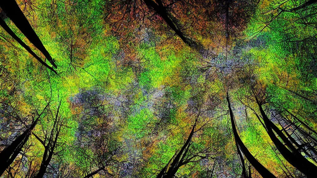 Image similar to The trunks stretch above you, awesome and cradling. The canopy gyres overhead, the intricacy of the leaf capillaries dazzle. Psychedelic night time photography in the style of Andreas Ghersky