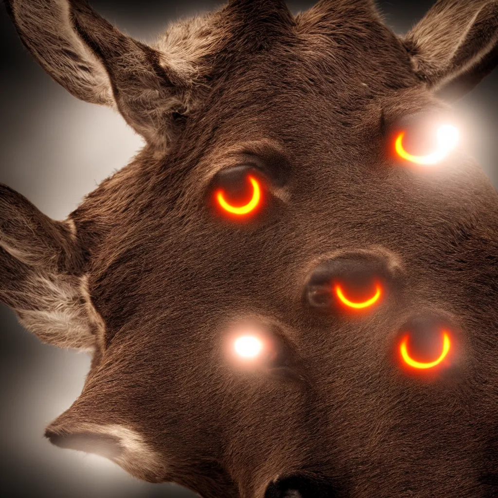 Image similar to closeup demonic deer with glowing eyes, dark and mysterious, atmospheric, cinematic, 4k, ultra detail, ultra realistic