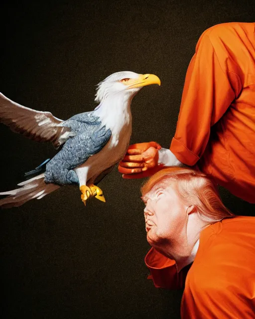 Prompt: Medium Shot Donald Trumps wearing orange pajamas in jail and an american eagle is attacking and biting his head, octane, dramatic lighting, editorial photo, 35mm, very detailed