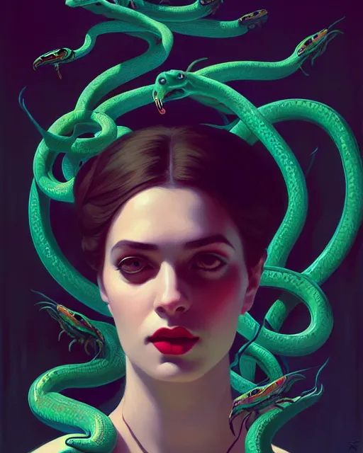 Image similar to surreal stylized portrait by aykutmakut of an artistic pose, composition, young victorian sad fancy lady, surrounded by snakes, cinematic moody colors, realistic shaded, fine details, realistic shaded lighting poster by ilya kuvshinov, magali villeneuve, artgerm, jeremy lipkin and michael garmash and rob rey