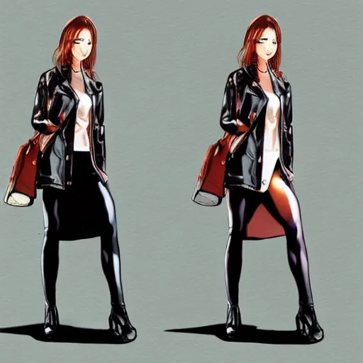 Image similar to a perfect, realistic professional digital sketch of a Japanese young woman posing, wearing leather jacket and skirt, in style of Marvel, full length, by pen and watercolor, by a professional American senior artist on ArtStation, a high-quality hollywood-style sketch, on high-quality paper