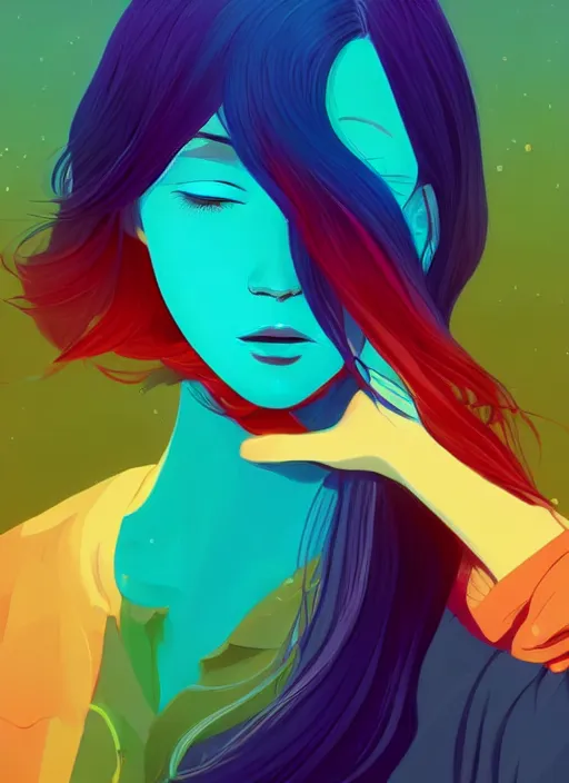 Image similar to a young woman with beautiful rainbow hair. she looks very sad. she is crying. clean cel shaded vector art. shutterstock. behance hd by lois van baarle, artgerm, helen huang, by makoto shinkai and ilya kuvshinov, rossdraws, illustration, art by ilya kuvshinov