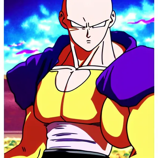 Image similar to saitama from one punch man fighting with buu from dragon ball z, anime style