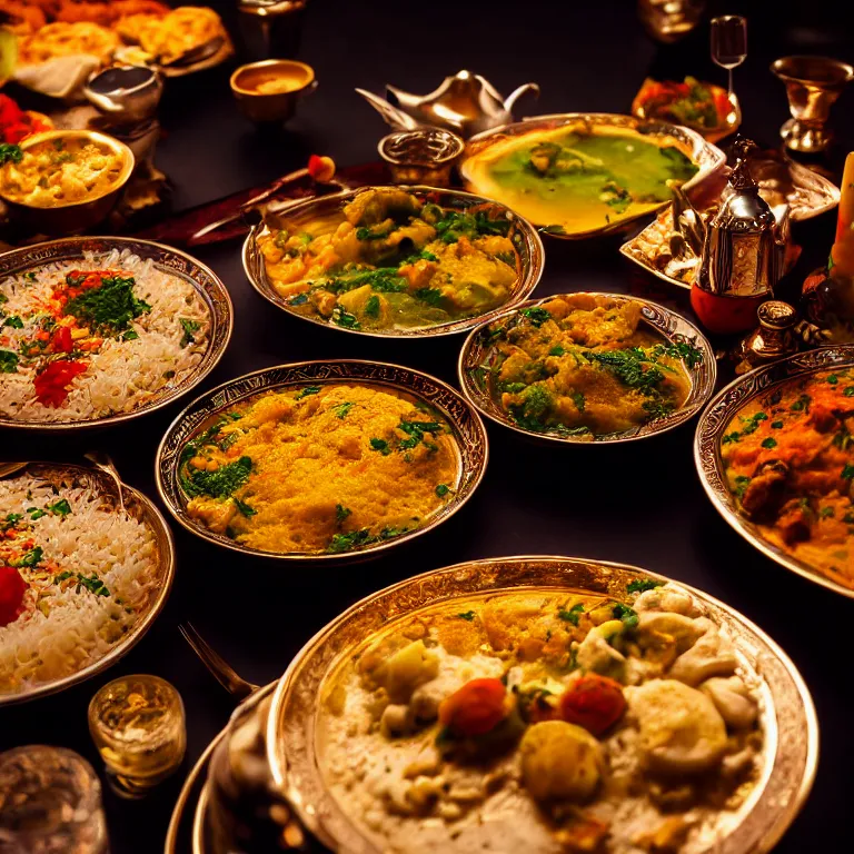 Prompt: close - up focused dslr photograph of an moroccan dinner, 8 k, high detail, volumetric lighting, hyperrealism, aesthetically pleasing, studio lighting, trending