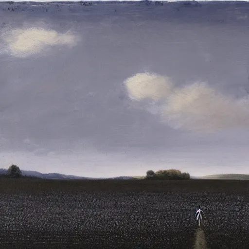 Prompt: a landscape with a person walking across a field, in the style of Midjourney