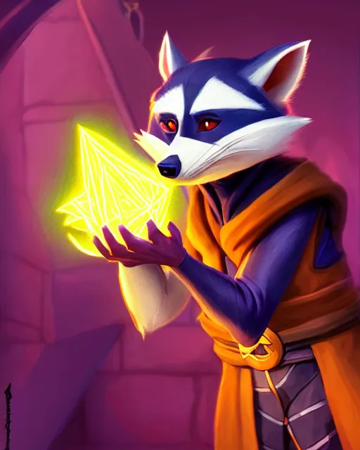 Prompt: closeup, highly detailed digital illustration portrait of hooded sorcerer sly cooper raccoon casting a magical glowing spell in a castle, action pose, d & d, magic the gathering, by rhads, lois van baarle, jean - baptiste monge,