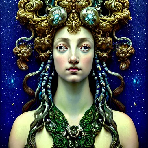 Prompt: baroque neoclassicist closeup renaissance portrait of beautiful moon goddess with stars in her flowing hair, reflective detailed textures, glittering silver ornaments, fantasy science fiction painting by diego rivera and jean delville and ruan jia and nicholas roerich and annie swynnerton and sam spratt, dramatic lighting, ornate geometric patterns, blue and green color palette, artstation, octane render