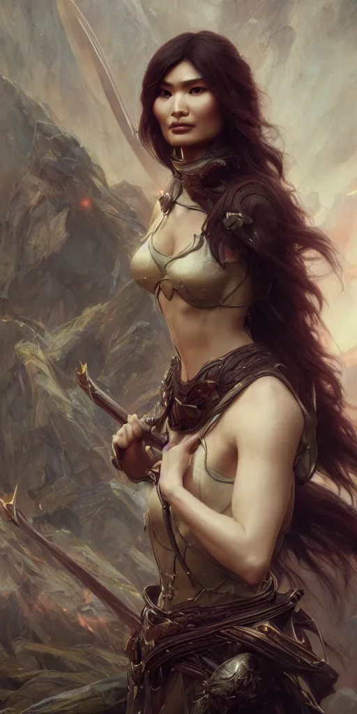 Image similar to gemma chan, beautiful fantasy maiden, dungeons and dragons, masterpiece by edgar maxence and ross tran and michael whelan, frank frazetta, gustav dore, 8 k, octane render