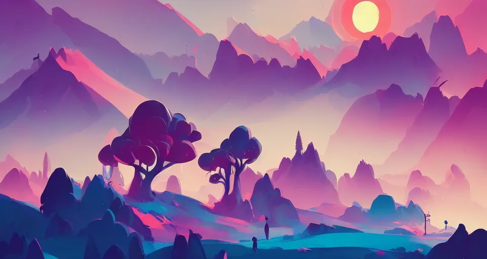 Image similar to a beautiful landscape with trees and mountains, by anton fadeev