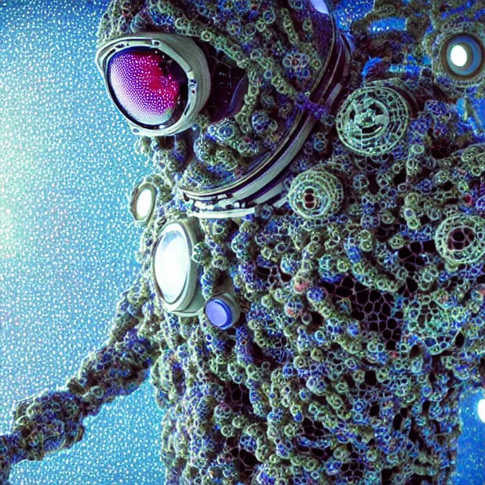 Image similar to a cybernetic symbiosis of a single astronaut mech-organic eva suit made of pearlescent wearing knitted shiny ceramic multi colored yarn thread infected with diamond 3d fractal lace iridescent bubble 3d skin dotted covered with orb stalks of insectoid compound eye camera lenses floats through the living room, film still from the movie directed by Denis Villeneuve with art direction by Salvador Dalí, wide lens,kevlar,carbon fiber,ceramics,gaseous materials,