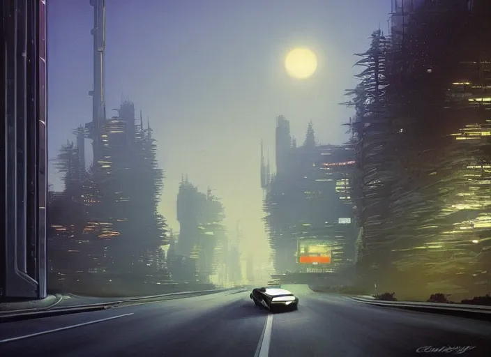 Image similar to a car driving down a street next to tall forest the night, cyberpunk art by Chesley Bonestell, cgsociety, retrofuturism, matte painting, reimagined by industrial light and magic