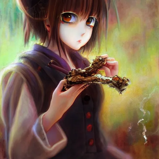 Image similar to big eyed shoggoth anime-girl smoking a cigarette hyperreality painting by amano yoshitaka, lilia alvarado 8k hd hyperdetailed