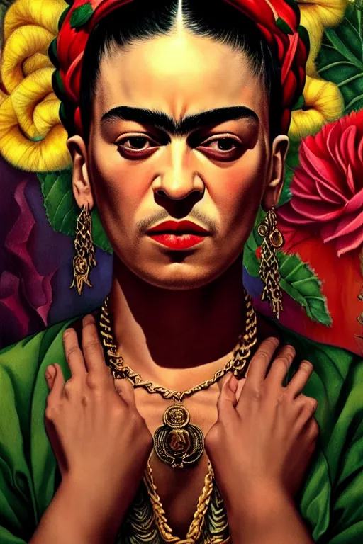 Image similar to rap album cover featuring frida kahlo wearing gangster thug outfit, staring directly into camera, intricate, elegant, dramatic lighting, highly detailed, digital painting, artstation, sharp focus, illustration, art by wlop, mars ravelo and greg rutkowski, album cover, parental advisory