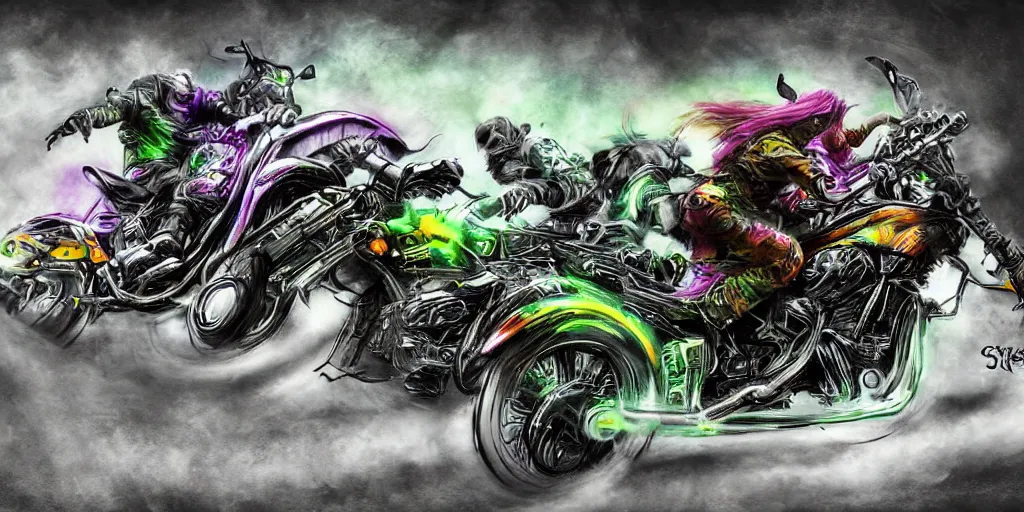 Image similar to psychedelic blacklight airbrush artwork, motorcycles, hyper stylized action shot of orc bikers racing on motorcycles, menacing orcs, drifting, skidding, wheelie, clear focused details, soft airbrushed artwork, black background, post - apocalypse, cgsociety, artstation