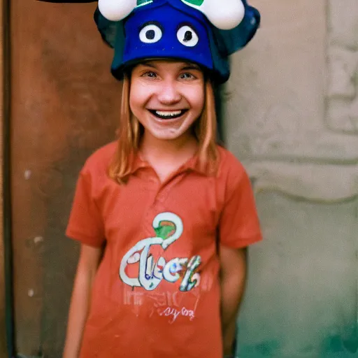 Prompt: a portrait of a middle aged child with an extremely big smile, big green eyes, a hat in the shape of a basketball on his head. 35mm