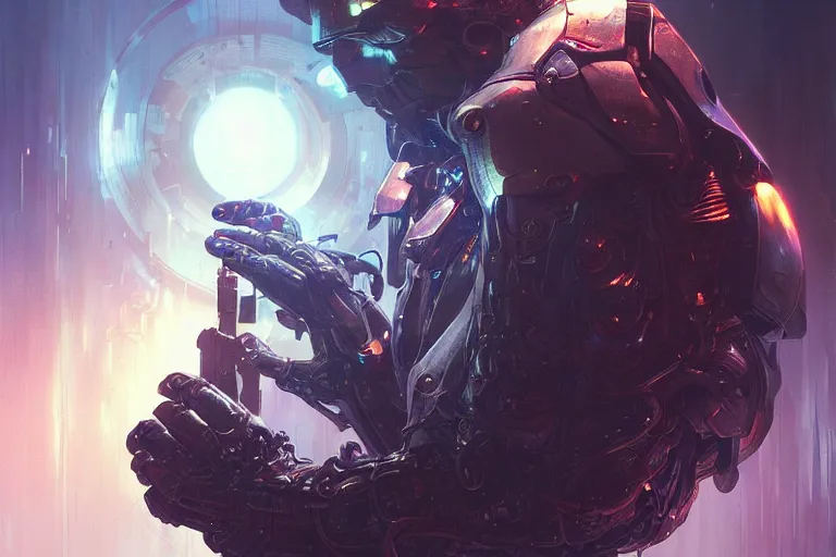 Image similar to portrait sci-fi art by Greg Rutkowski and Ruan Jia and artgerm and Alphonse Mucha, a glowing alien liquid metal orb floating above the hand of a soldier, solar flares, futuristic environment, detailed and intricate environment, fractal biomech, cyberpunk, neon color, purple bioluminescence, chrome, dramatic lighting, cinematic, high technology, highly detailed portrait, digital painting, artstation, concept art, smooth, sharp focus, ilustration, Artstation HQ