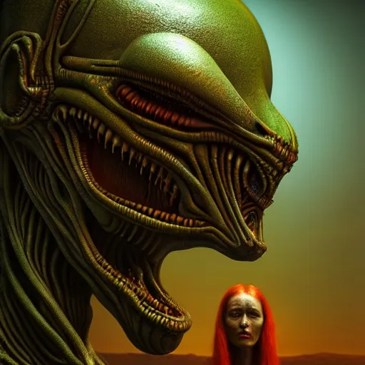 Image similar to alien man with alien woman, full body portraiture, painted by beksinski, 4 k, intricate details, unreal engine, dynamic lighting