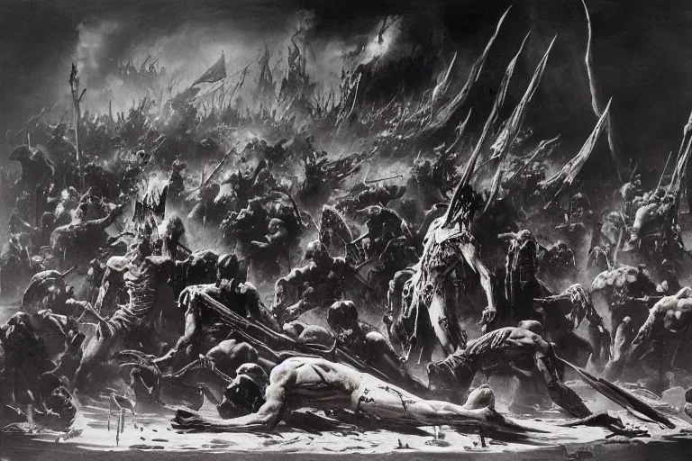 Prompt: undead army emerging from a lake of blood guided by the angel of death, dramatic lighting by Frank Frazetta