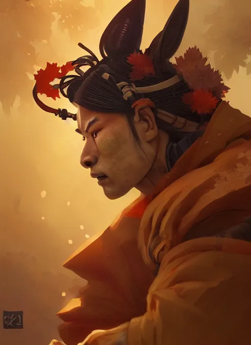 Image similar to kitsune samurai in autumn color kimono, subsurface scattering, by jesper ejsing, justin gerard, tomasz alen kopera, cgsociety and fenghua zhong, highly detailed, rim light, cinematic lighting, illustration, art, octane render, very coherent, cinematic, hyper realism, high detail, octane render, 8 k