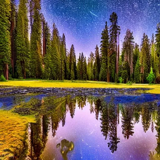 Prompt: a mirror lake in a forest of blue sequoia trees, lush, with mountains and hills and cliffs and towns full moon, dark clear sky with stars, light blue sparking and glowing dust in the wind. fantastic, mystical, glow