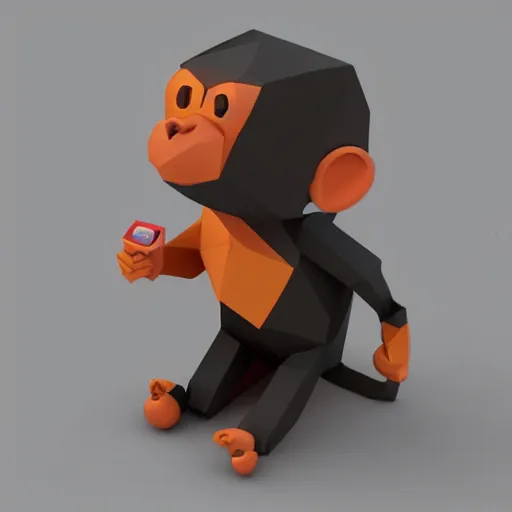 Prompt: isometric cute 3 d low - poly monkey using a sony walkman