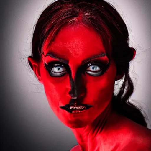 Image similar to stunning beautiful portrait photography of a face detailing demonic Countess wearing red and black dress from national geographic magazine award winning, dramatic lighting, taken with Sony alpha 9, sigma art lens, medium-shot