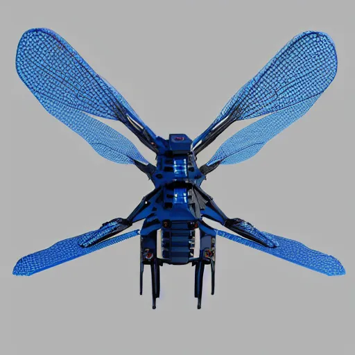 Image similar to a mechanized dragonfly with wings spread out, landing gear for legs orthographic view, top down view, bottom view, side view, blueprints, apache chopper, mecha, helicopter, space shuttle, robotic, highly detailed, artstation, super realistic, unreal engine