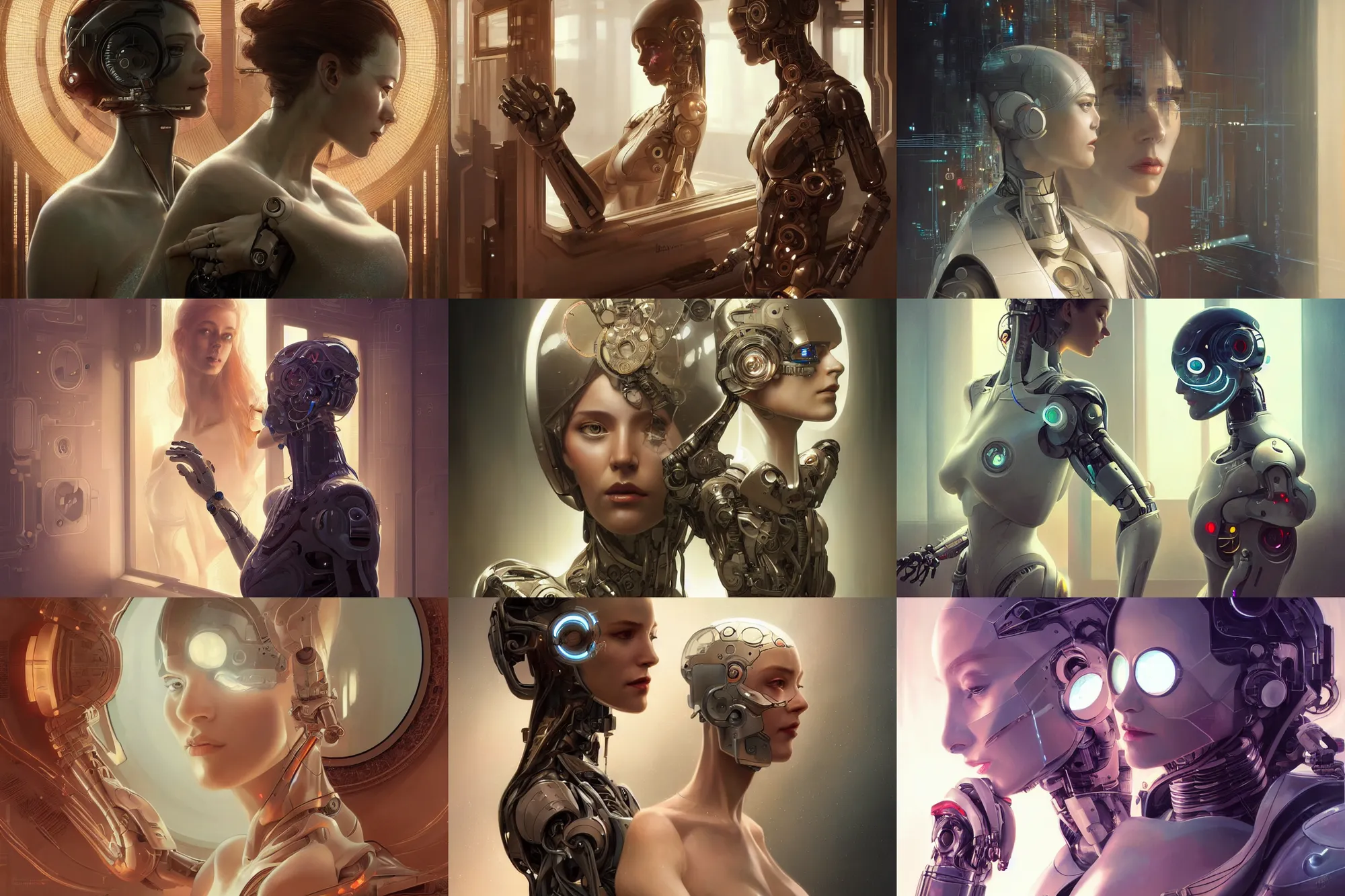 Prompt: Ultra realistic illustration, female robot looking in the mirror, cyberpunk, sci-fi, fantasy, intricate, elegant, highly detailed, digital painting, artstation, concept art, smooth, sharp focus, illustration, art by artgerm and greg rutkowski and alphonse mucha