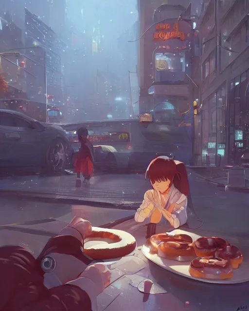 Image similar to a doughnut scene, everything is doughnuts, perfect shading, atmospheric lighting, by makoto shinkai, stanley artgerm lau, wlop, rossdraws