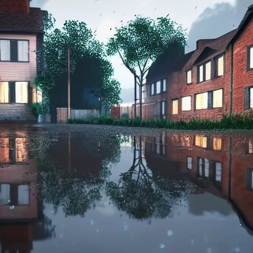 Image similar to still photo of rain puddles and reflections in a village, cloudy weather, highly detailed, photorealistic shot, bright studio setting, studio lighting, crisp quality and light reflections, unreal engine 5 quality render