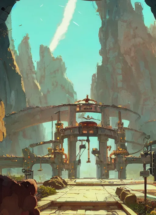 Image similar to warm canyon with giant gate entrance, nuclear powered, detailed, futuristic, cory loftis, james gilleard, atey ghailan, makoto shinkai, goro fujita, studio ghibli, rim light, exquisite lighting, clear focus, very coherent, plain background