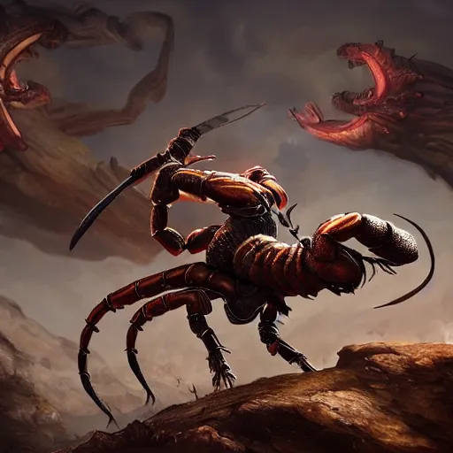 Image similar to warrior riding a scorpion while the scorpion attacks his ops, fantasy art, concept art, character design, unreal engine 5, ultra detailed, cinematic, dramatic lighting