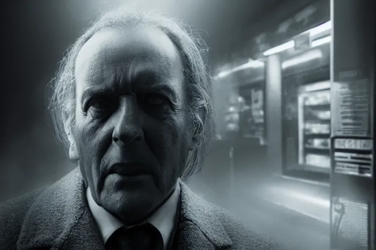 Image similar to an ultra realistic cinematic headshot portrait of an evil scientist, stood outside a corner shop, foggy, detailed, deep focus, movie still, dramatic lighting, by annie leibovitz