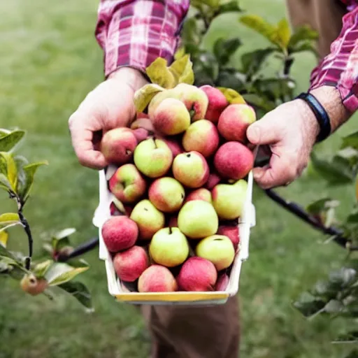 Prompt: a man holding 25 apples in his left hand while standing on a ladder in an orchard