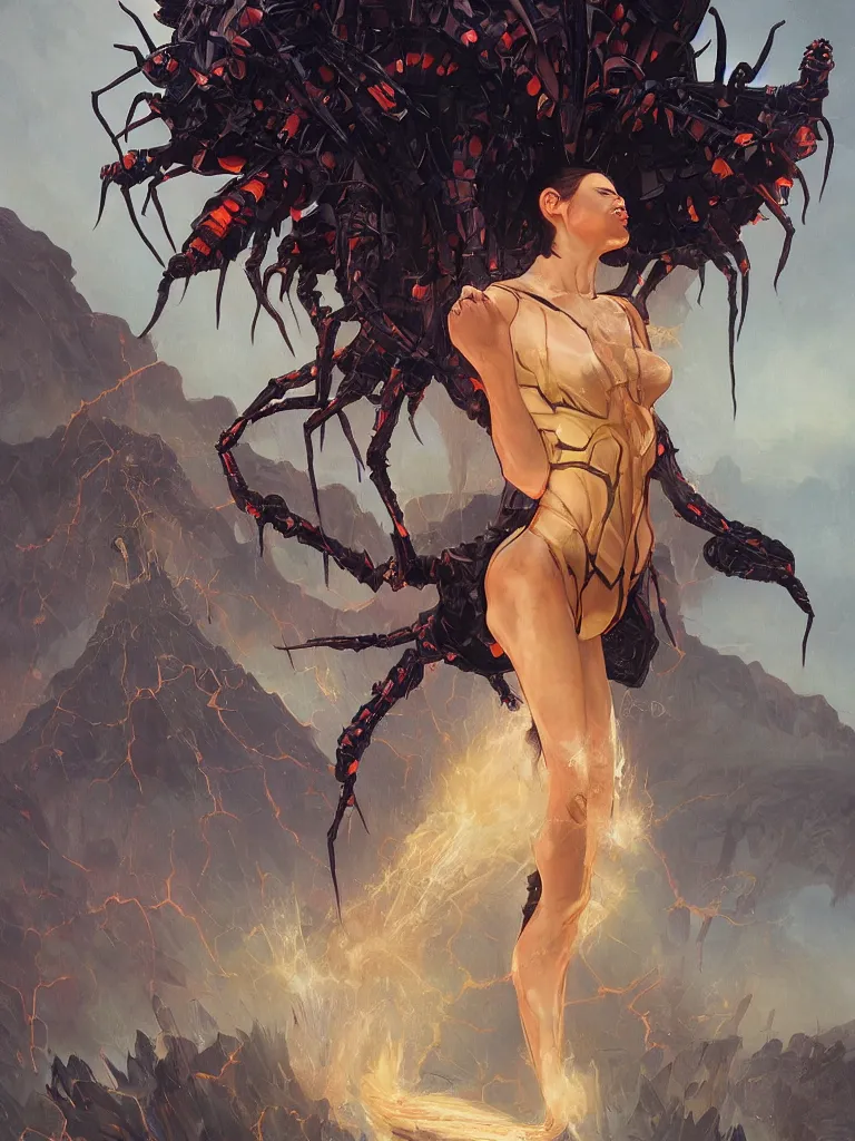 Image similar to A portrait painting of a spider-legged monstrous woman with spikes in her head standing in front of a volcano eruption, illustration, detailed, high cohesion, coherent, symmetrical, award-winning, trending on artstation, by artgerm and Greg Rutkowski and Alphonse Mucha