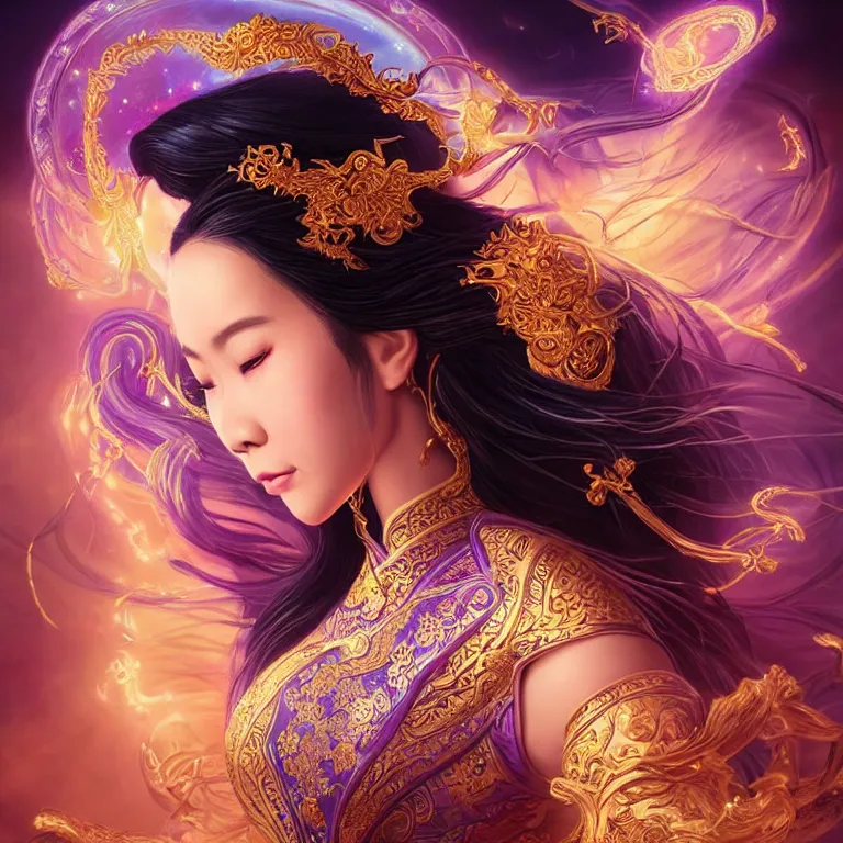 Prompt: beautiful cinematic fantasy poster, a beautiful vietnamese goddess wearing an ornate ao dai with flowing illuminated hair, beautiful glowing galaxy eyes, wideshot ultrawide angle epic scale, hybrid from The Elden Ring and art direction by Darius Zawadzki ;by artgerm; wayne reynolds art station; cinematic quality character render; low angle; ultra high quality model; production quality cinema model;