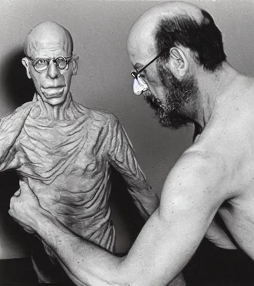 Image similar to full body, sigmund freud wrestling with michel foucault, sculpture by auguste rodin