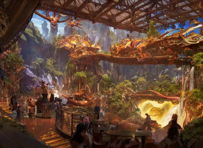 Image similar to avatar themepark interior designed by disney imagineering, rendered by artgerm and greg rutkowski and alphonse mucha