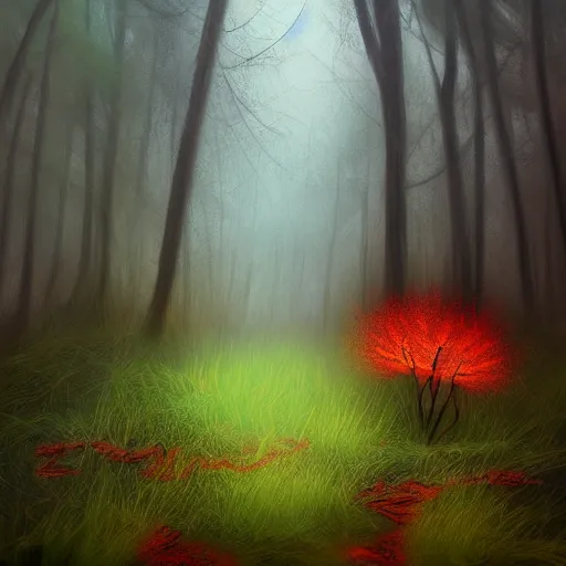 Prompt: a fiery orchid in a misty forest, light colors, digital art,