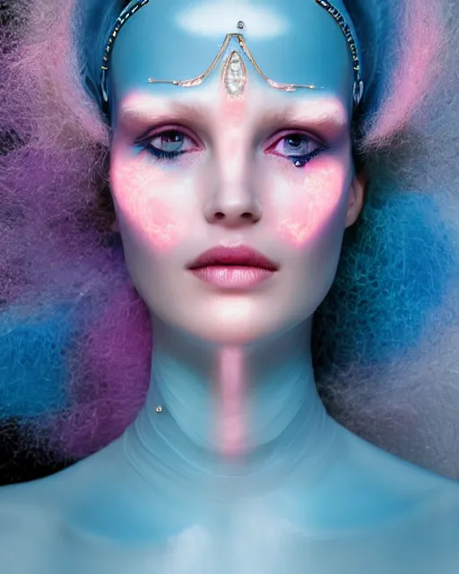 Image similar to natural light, soft focus portrait of a android with soft synthetic pink skin, blue bioluminescent plastics, smooth shiny metal, elaborate diamond ornate head piece, piercings, face tattoo, skin textures, by annie liebovotz, paul lehr,