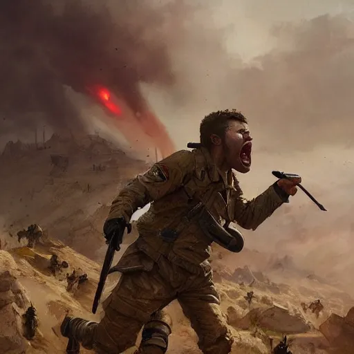 Prompt: a soldier screaming during an battlefield, Matte painting , detailed painting, greg rutkowski