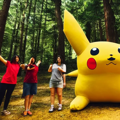 Prompt: photo of a group of people worshipping a giant pikachu in a forest