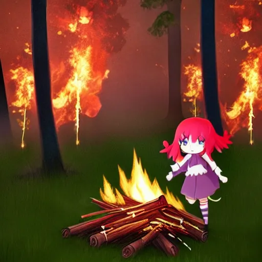 Image similar to cute fumo plush manic happy witch pyromaniac girl giddily starting a huge bonfire in the forest, anime, burning flames, warm glow and volumetric smoke vortices, filmic, rule of thirds composition, vignette, vray