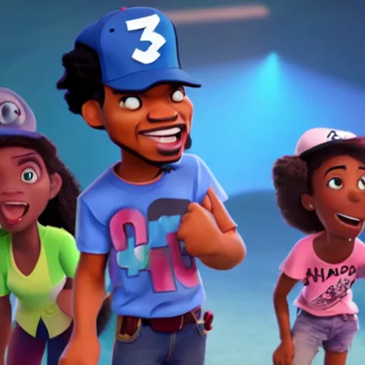 Image similar to a tv still of Chance The Rapper starring in a 2006 Pixar Animated movie