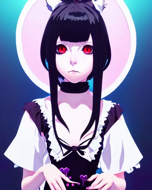 Image similar to portrait of cute goth alice from wonderland, anime key visual, by ilya kuvshinov and wlop and makoto shinkai and studio ghibli