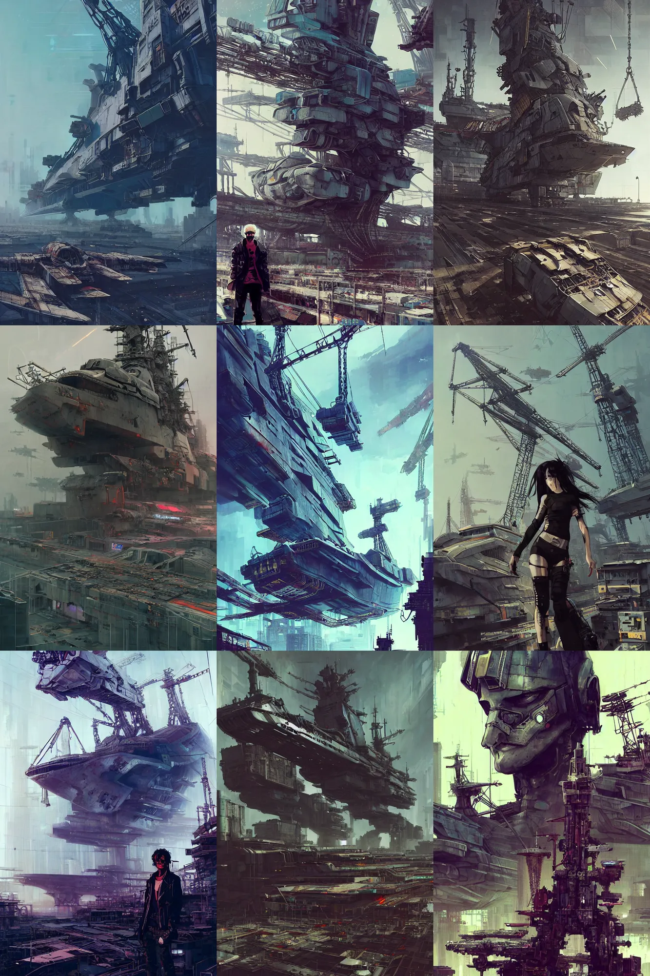 Prompt: hyper - realistic cyberpunk portrait of abandoned futuristic gigantic battleship graveyard, giant cranes, extreme detail, rule of thirds, in style of col price, yoji shinkawa, pan ren wei, atey ghailan, by greg rutkowski, by greg tocchini, by james gilleard, by joe fenton, by kaethe butcher, grunge aesthetic