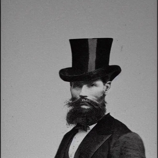 Prompt: A photograph portrait of Jerma985 in the mid-late 1800s with a top hat and beard, taken in the mid-late 1800s, grainy, taken on a Field View Camera, realistic, hyperrealistic, very realistic, highly detailed, very detailed, extremely detailed, detailed, digital art, trending on artstation