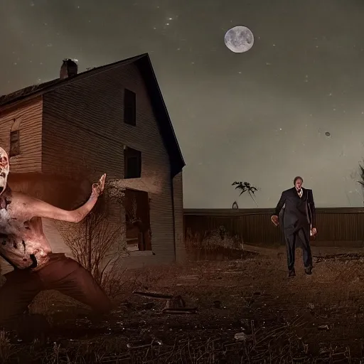 Prompt: An dramatic shot of an badass, injured MIB agent encountering an zombie for the first time in a abandoned farmhouse at night, with the moon out, detailed, ominous